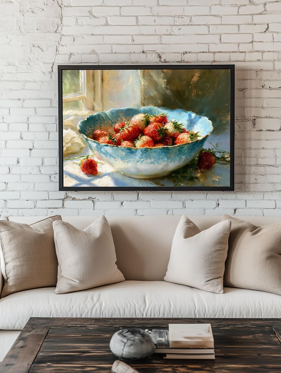Strawberries in Blue Bowl Print. — room view 1