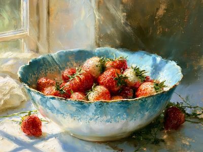 Strawberries in Blue Bowl Print.