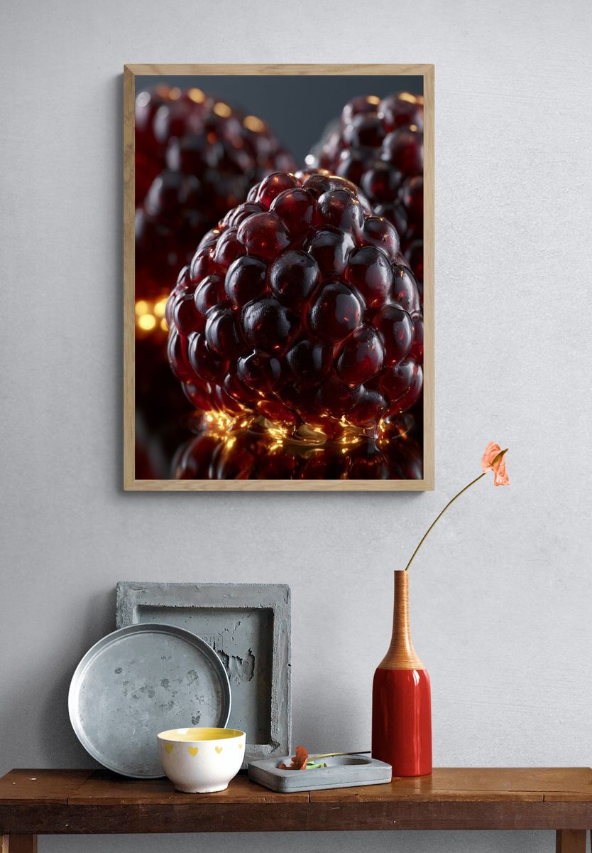 Glossy Blackberry Still Life Print. — room view 3