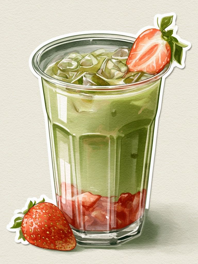 Strawberry Matcha Latte Illustration Print. poster detail