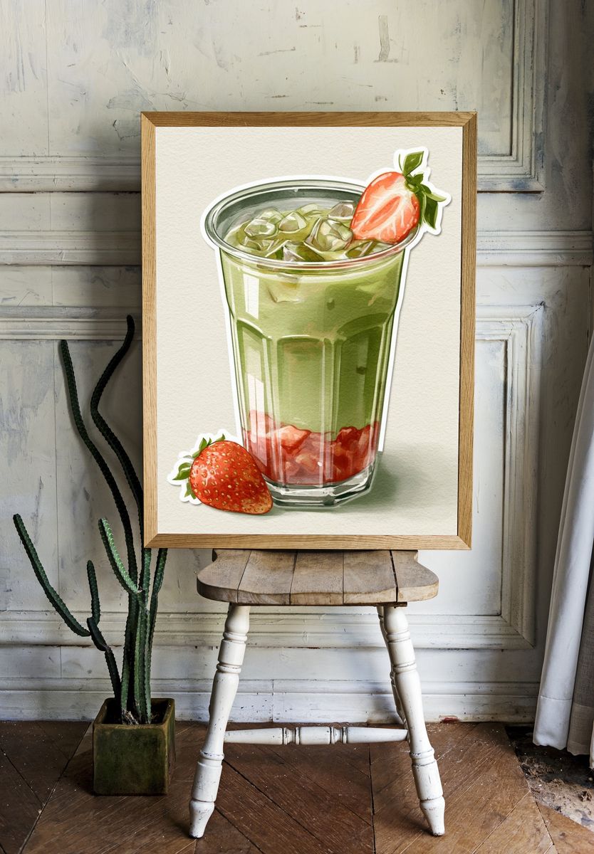 Strawberry Matcha Latte Illustration Print. — room view 1