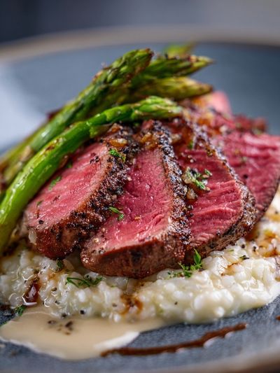 Seared Steak with Asparagus Poster. poster print