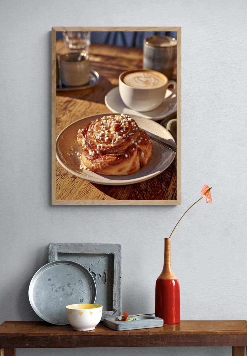 Coffee and Cinnamon Bun Photography Poster. — room view 3