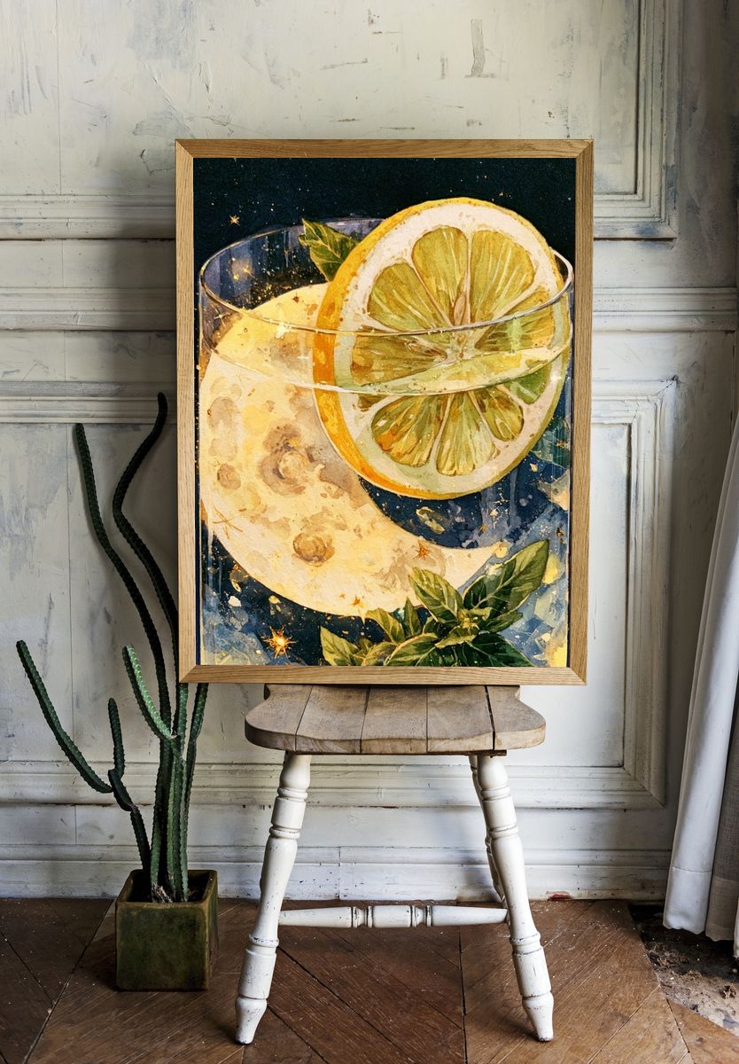 Lemon Moon Cocktail Illustration Poster. — room view 1