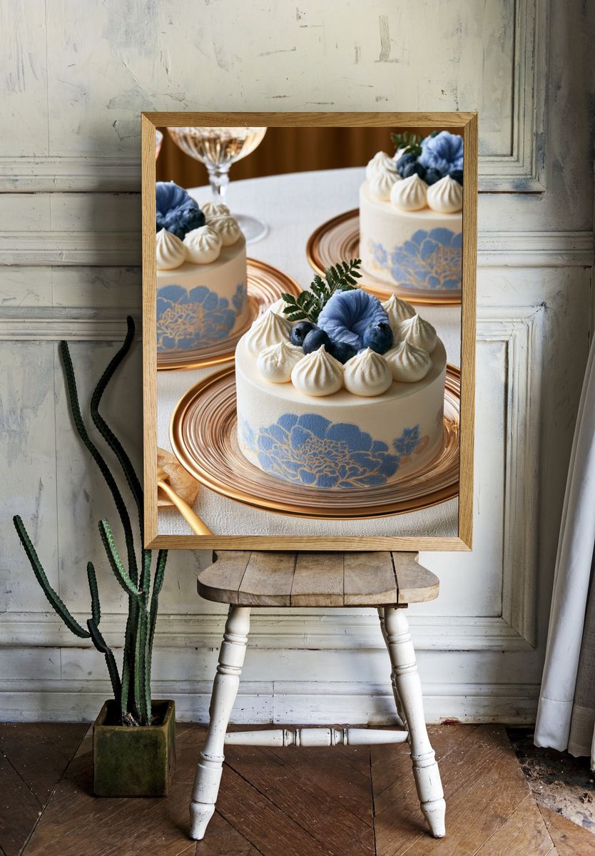 Blue Floral Cake Photography Poster. — room view 1