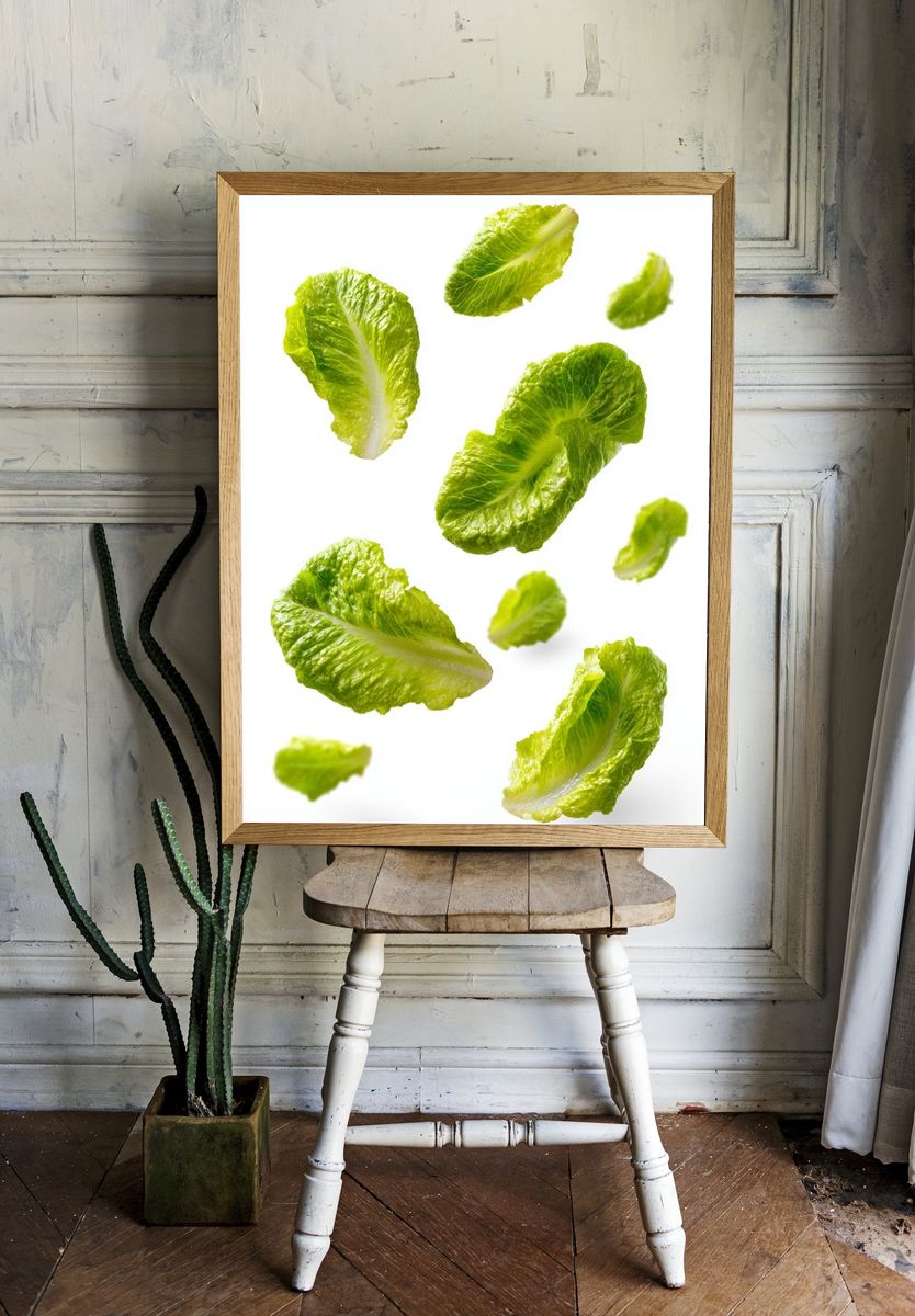 Floating Lettuce Leaves Photography Poster. — room view 1