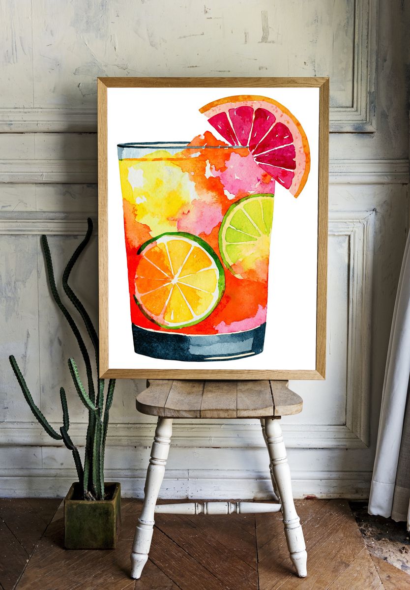 Citrus Cocktail Watercolor Print. — room view 1
