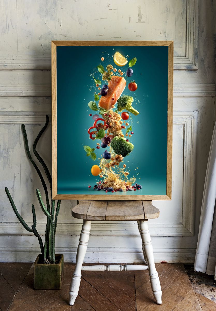 Floating Salmon and Produce Poster. — room view 1