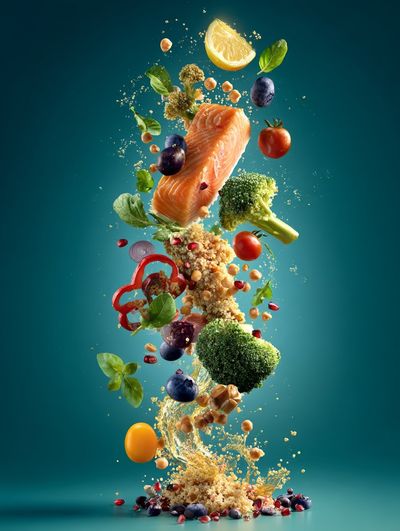 Floating Salmon and Produce Poster. poster print