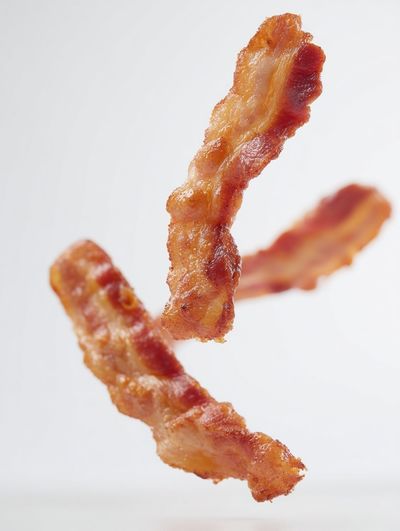 Floating Bacon Strips Food-Drink Poster. poster print