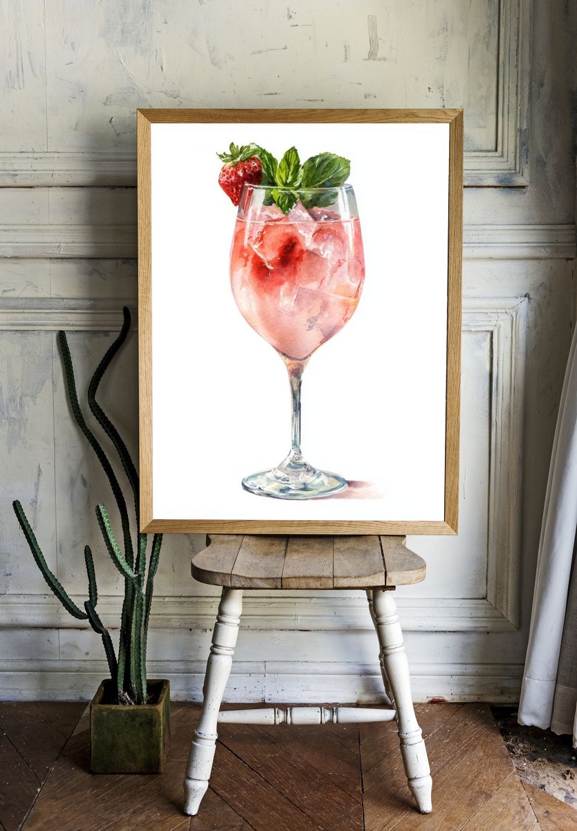 Strawberry Cocktail Watercolor Print. room preview