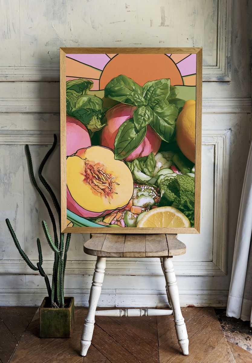Peach and Basil Still Life Print. — room view 1