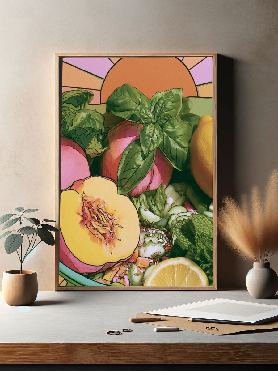 Peach and Basil Still Life Print. — room view 2