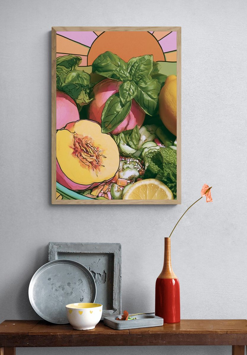 Peach and Basil Still Life Print. — room view 3