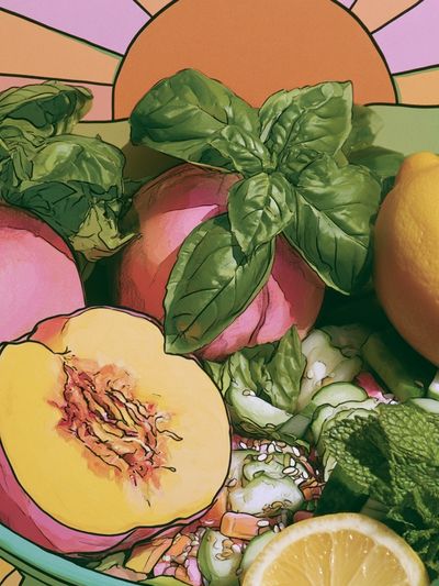 Peach and Basil Still Life Print. poster
