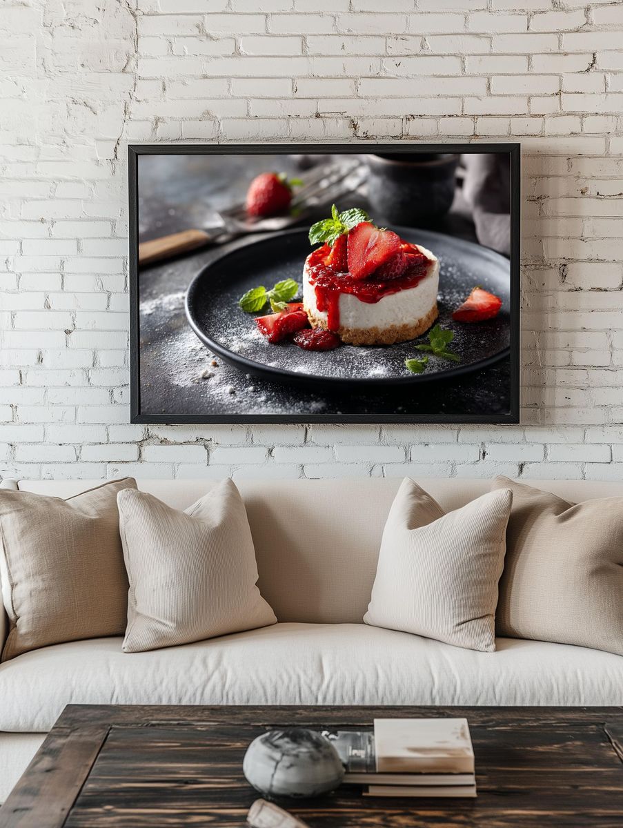 Strawberry Cheesecake Food Photography Poster. — room view 1