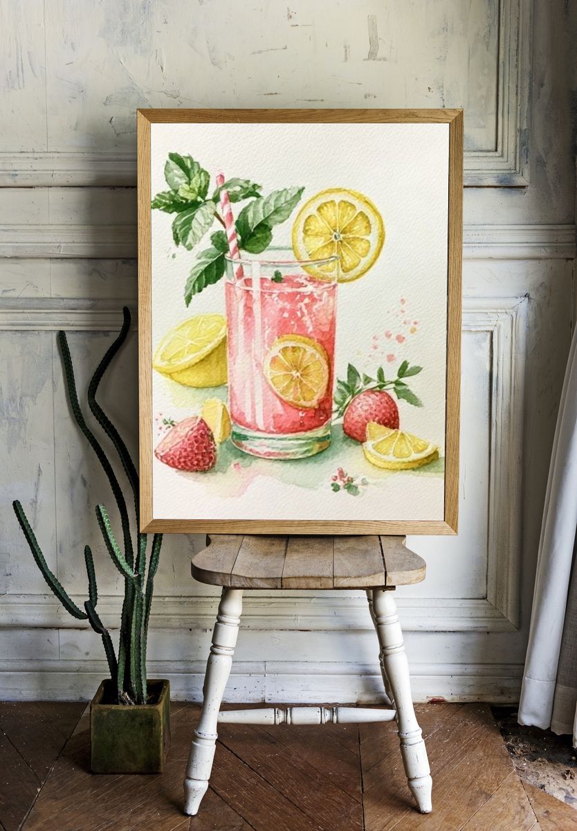 Pink Citrus Cocktail Watercolor Print. — room view 1