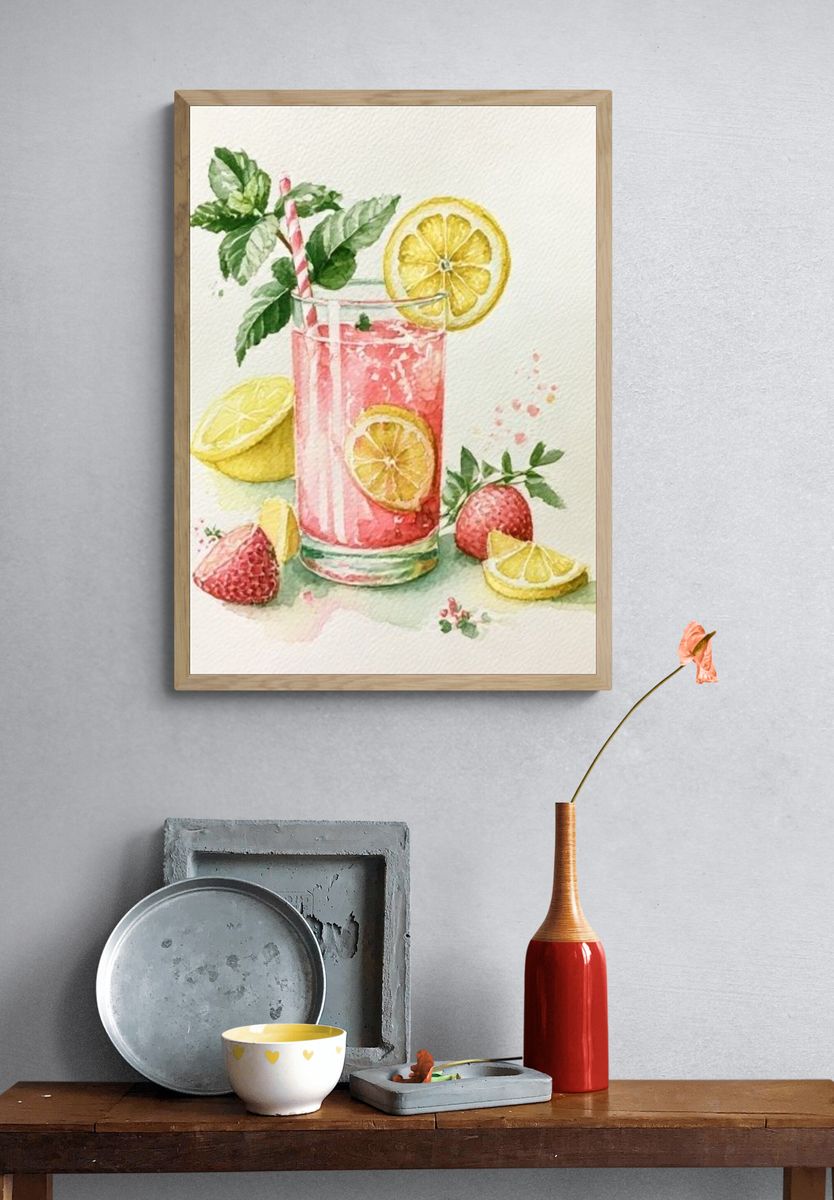 Pink Citrus Cocktail Watercolor Print. — room view 3