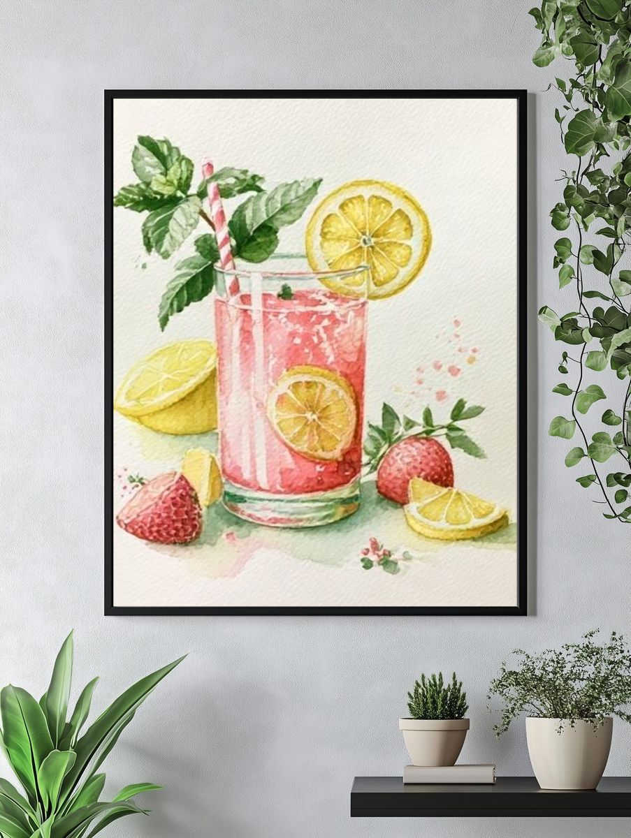 Pink Citrus Cocktail Watercolor Print. — room view 4