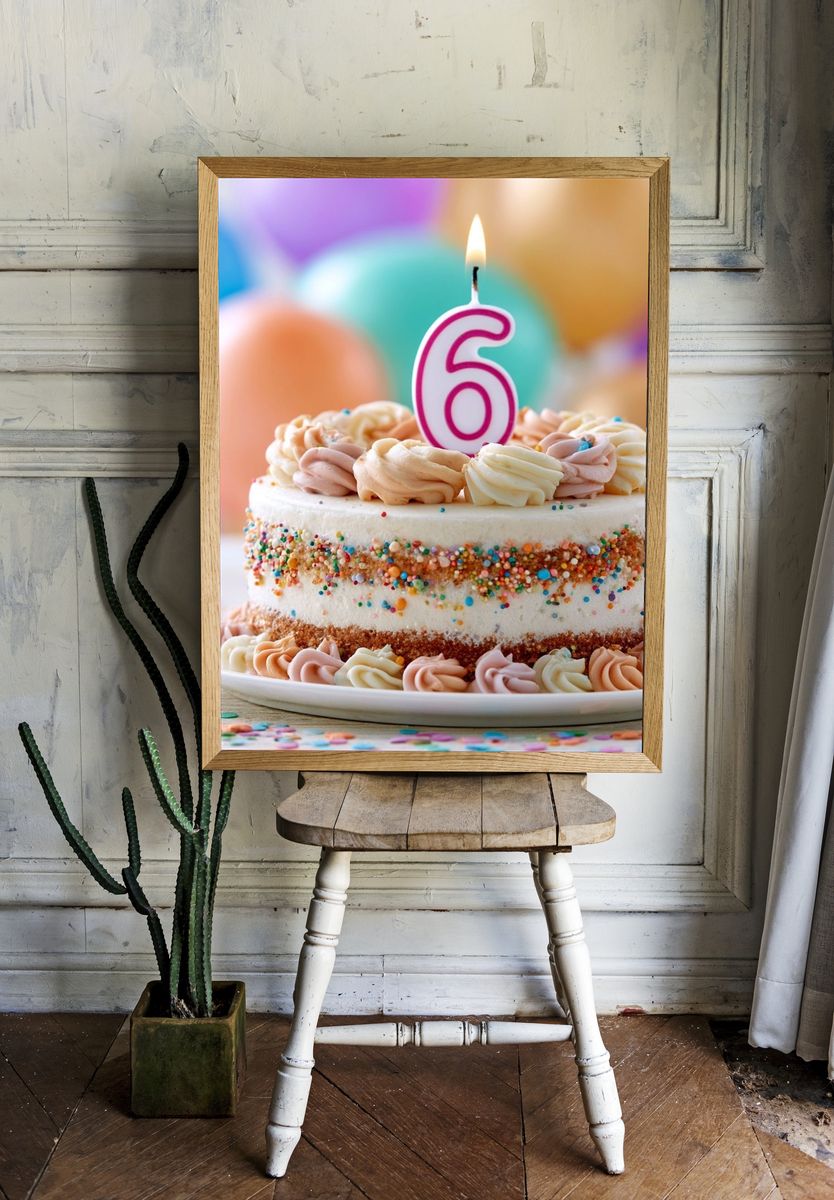Birthday Cake with Number 6 Print. — room view 1