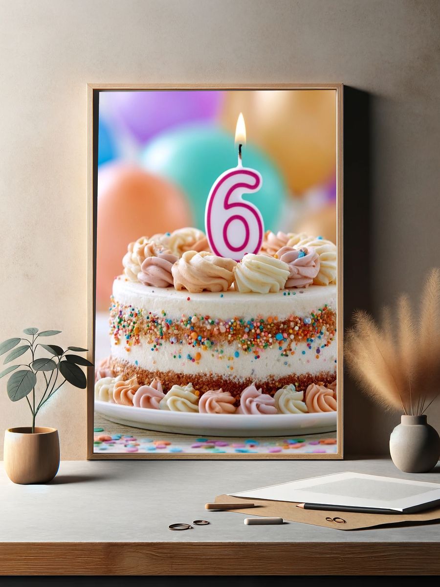 Birthday Cake with Number 6 Print. — room view 2