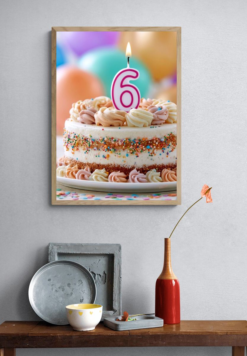 Birthday Cake with Number 6 Print. — room view 3
