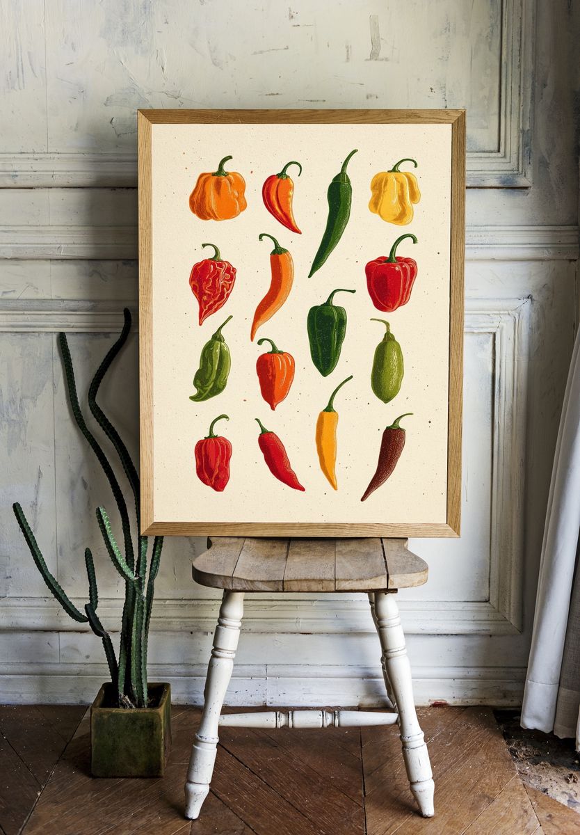 Colorful Chili Peppers Illustration Poster. — room view 1