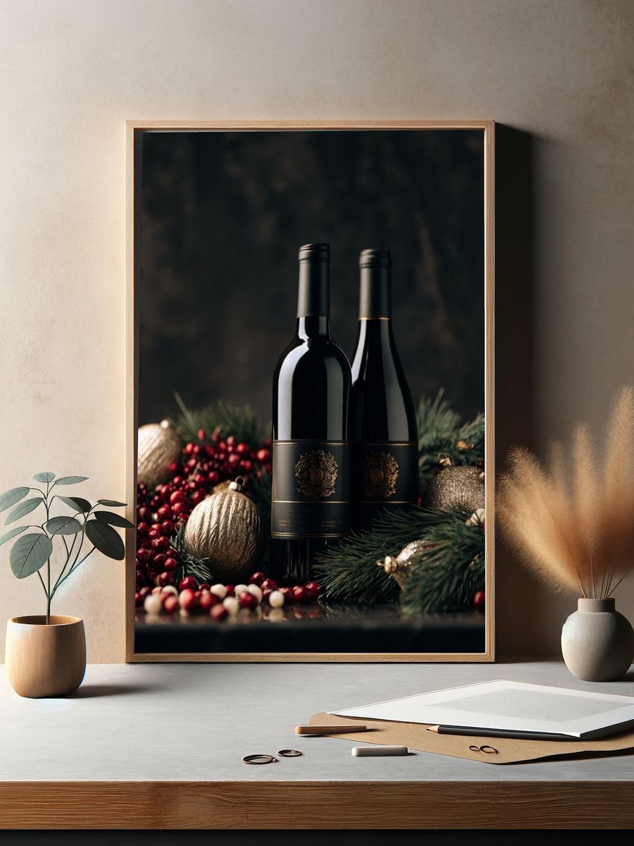 Festive Wine Bottles Photography Poster. — room view 2