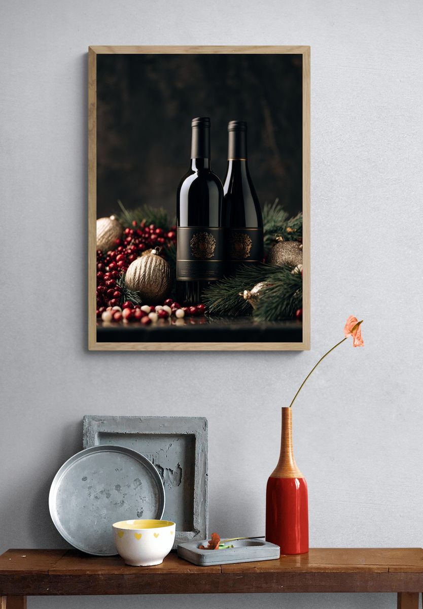 Festive Wine Bottles Photography Poster. — room view 3