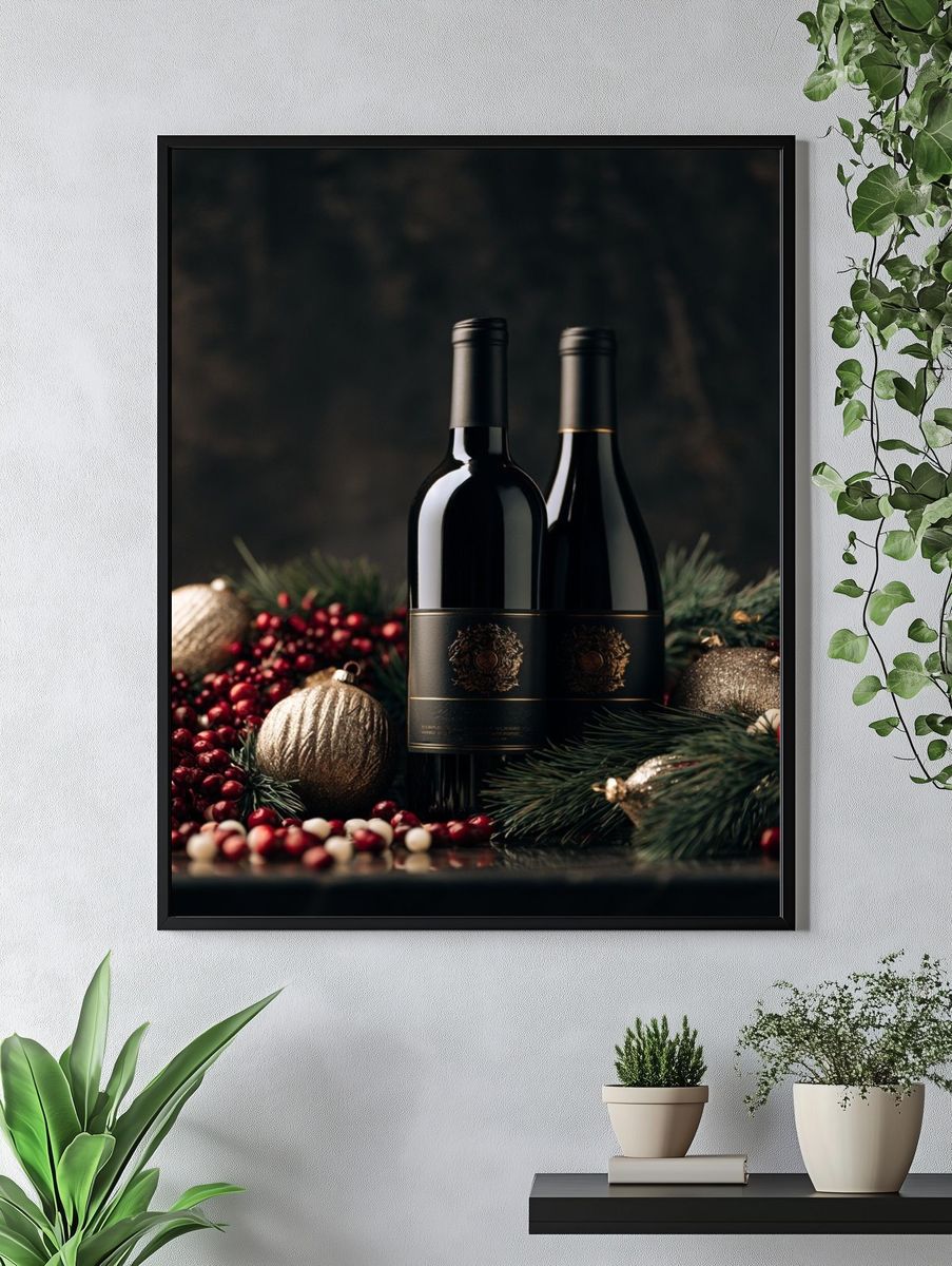Festive Wine Bottles Photography Poster. — room view 4