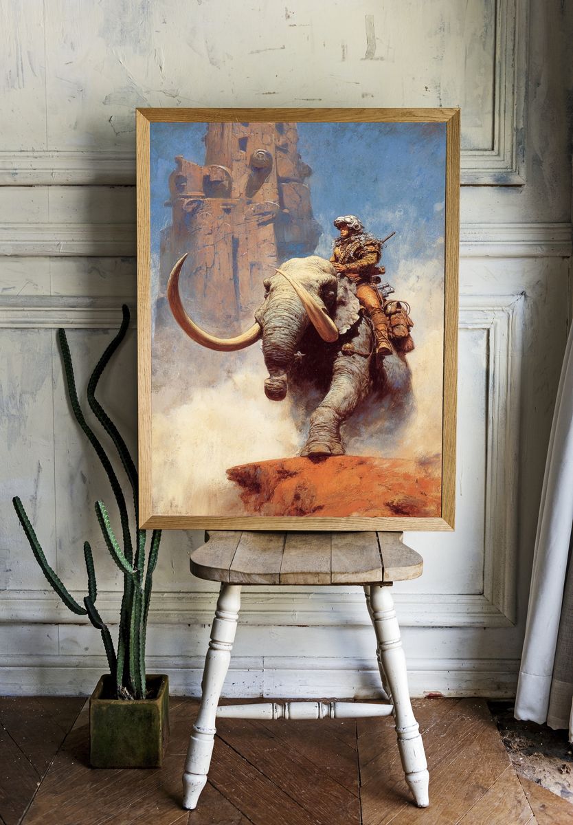 Futuristic Elephant Rider — Fantasy Art Print. room preview