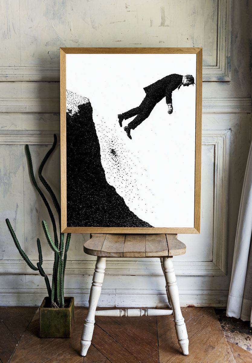 Falling Figure Black-White Print. — room view 1