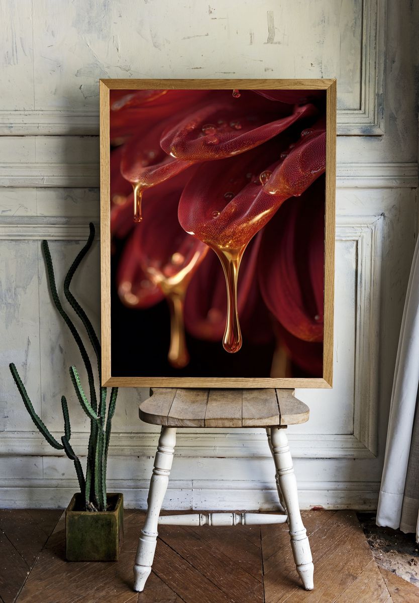 Red Flower with Golden Drops — Fine Art Print room preview