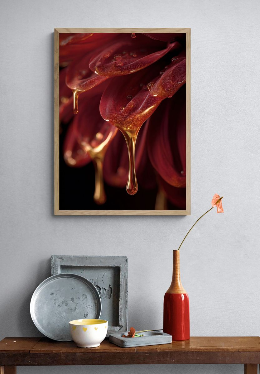 Red Flower with Golden Drops — Fine Art Print. — room view 3