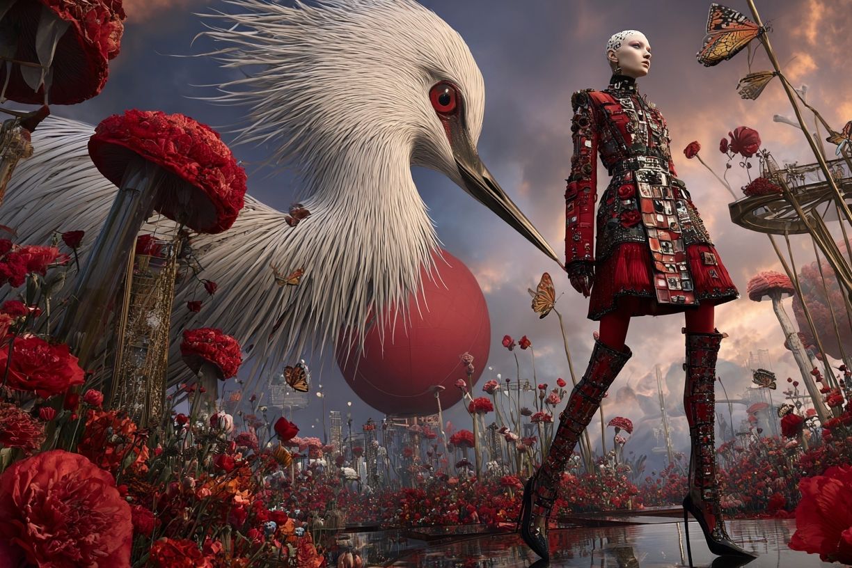 Futuristic Fashion in a Floral Landscape Poster. poster detail