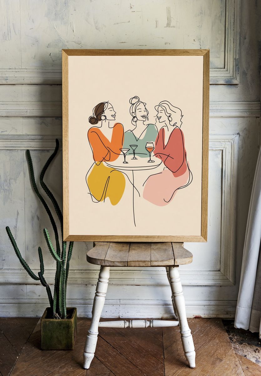 Friends Gathering — Line Art Print room preview