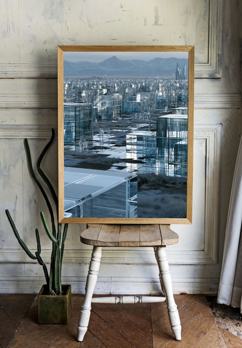 Futuristic Glass Cityscape Print. — room view 1