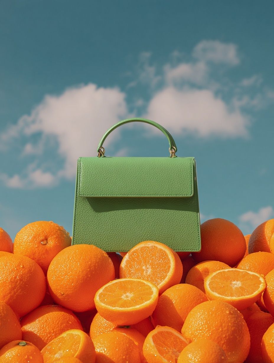 Green Handbag on Oranges — Fashion Print. poster — fashion art