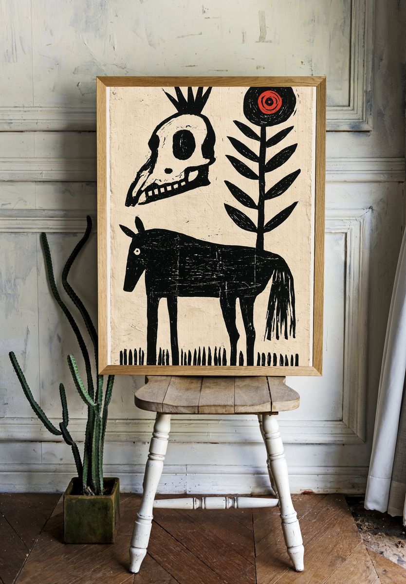 Folk Skull and Horse Print. room preview