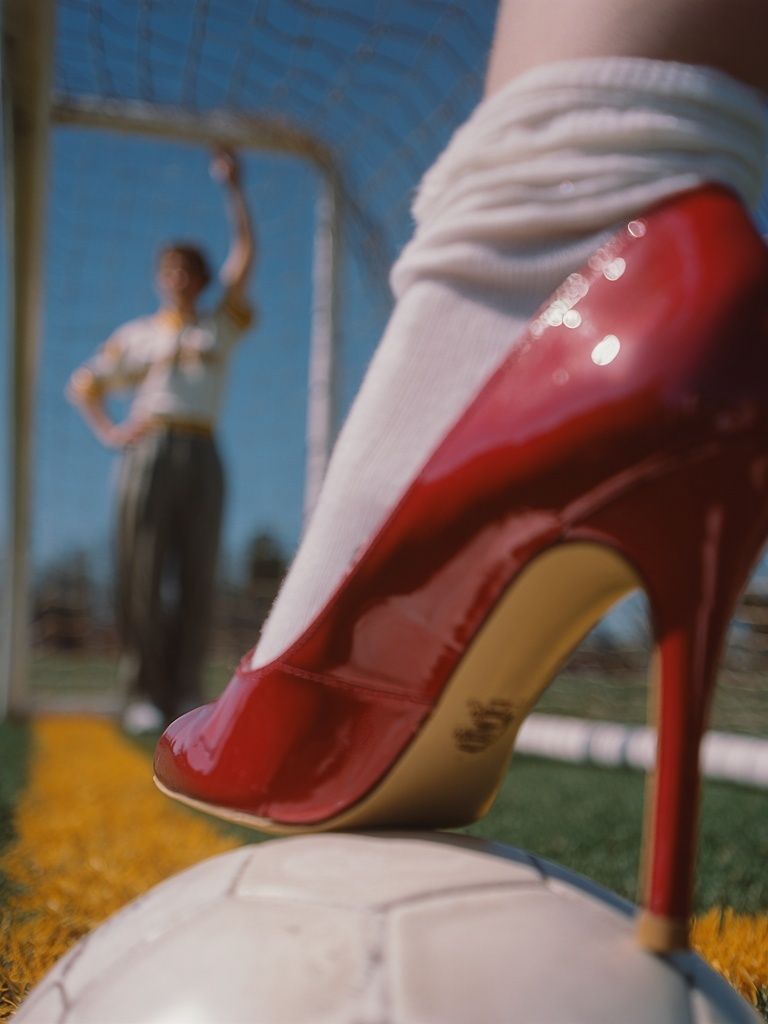 Red High Heel on Soccer Ball — Playful Print. poster — funny art