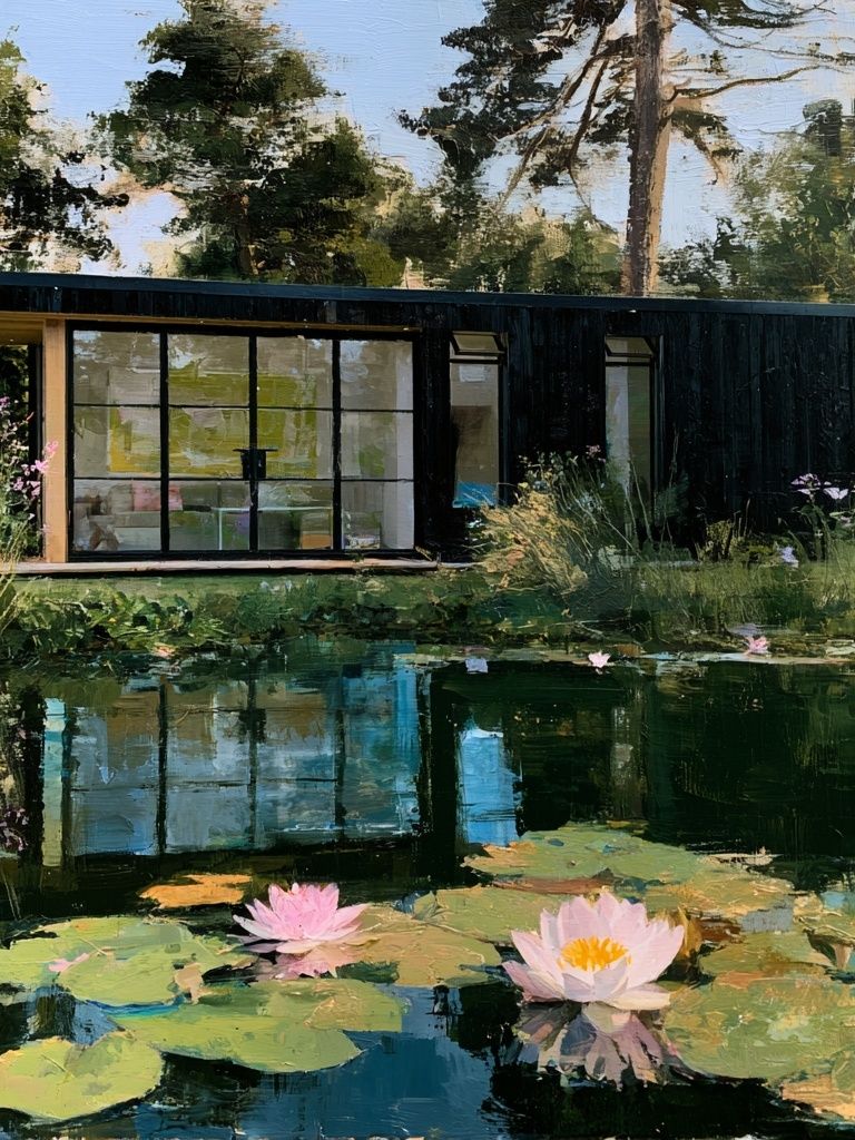 Lakeside Modern Cabin Impressionist Print. poster — fine-art art