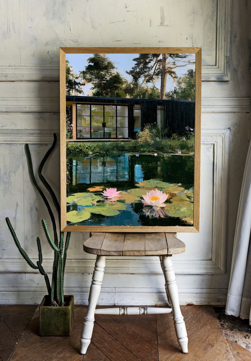 Lakeside Modern Cabin Impressionist Print. — room view 1