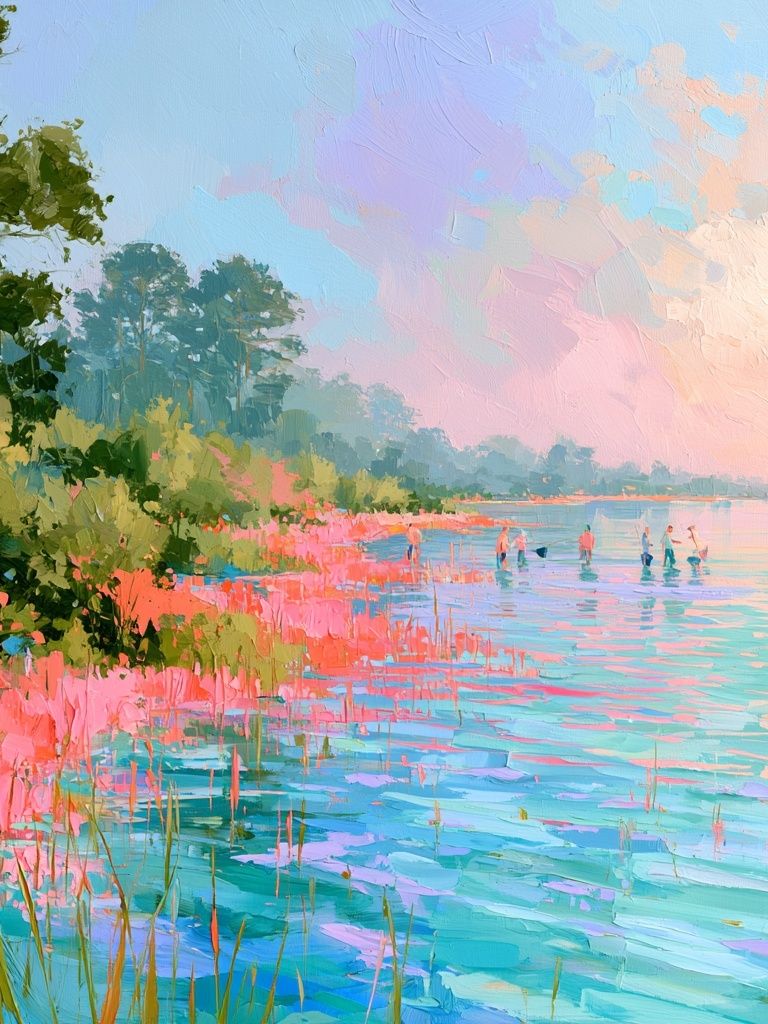 Pastel Lakeside Landscape Print. poster detail