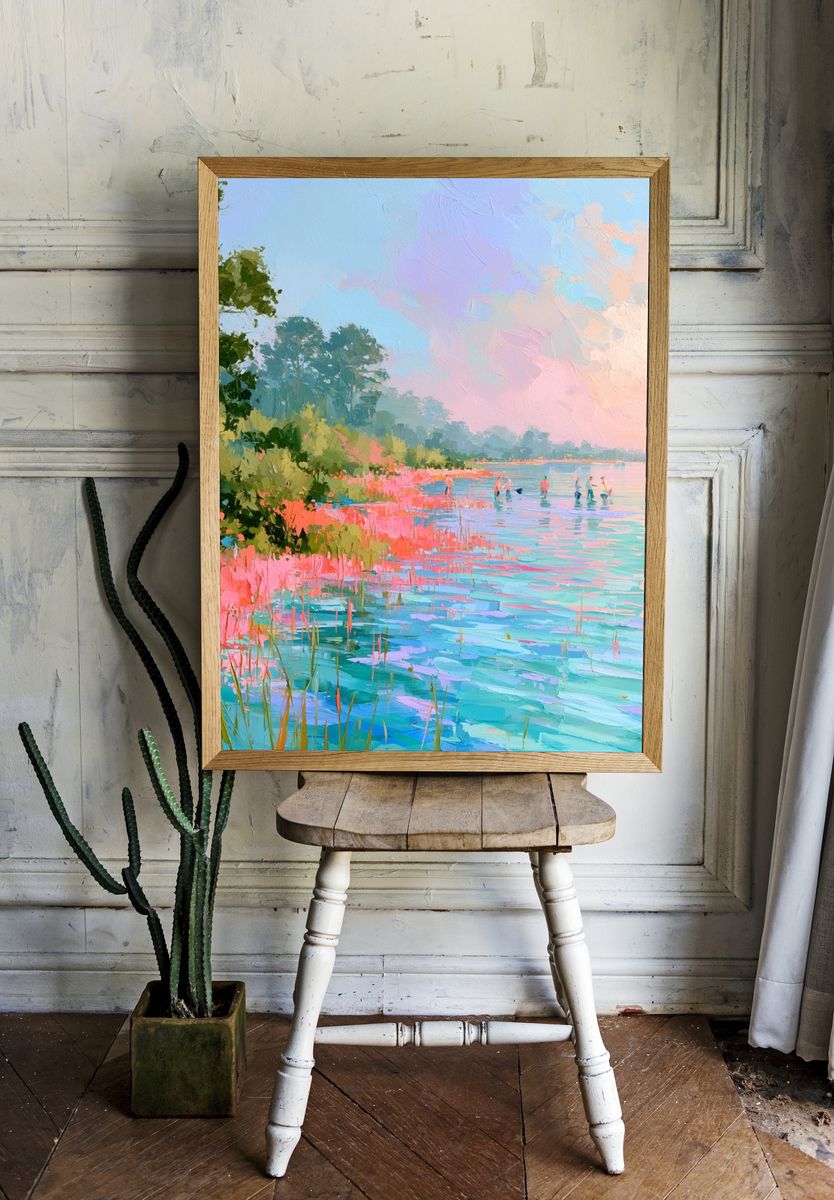 Pastel Lakeside Landscape Print. — room view 1
