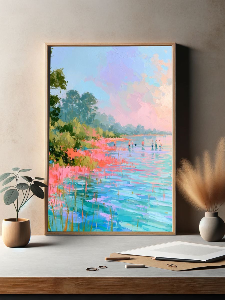 Pastel Lakeside Landscape Print. — room view 2