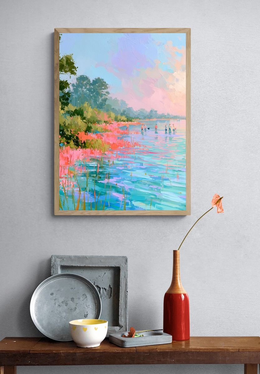 Pastel Lakeside Landscape Print. — room view 3