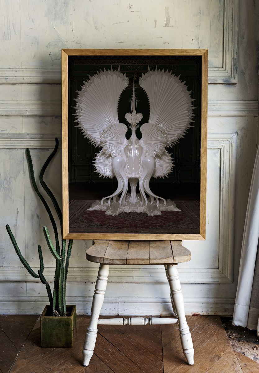 White Sculptural Throne Illustration Poster. — room view 1