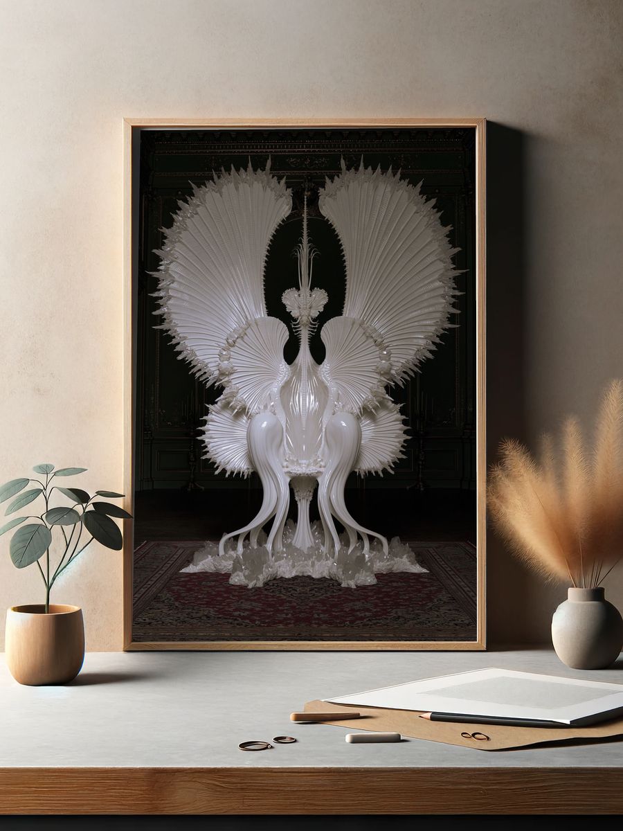 White Sculptural Throne Illustration Poster. — room view 2