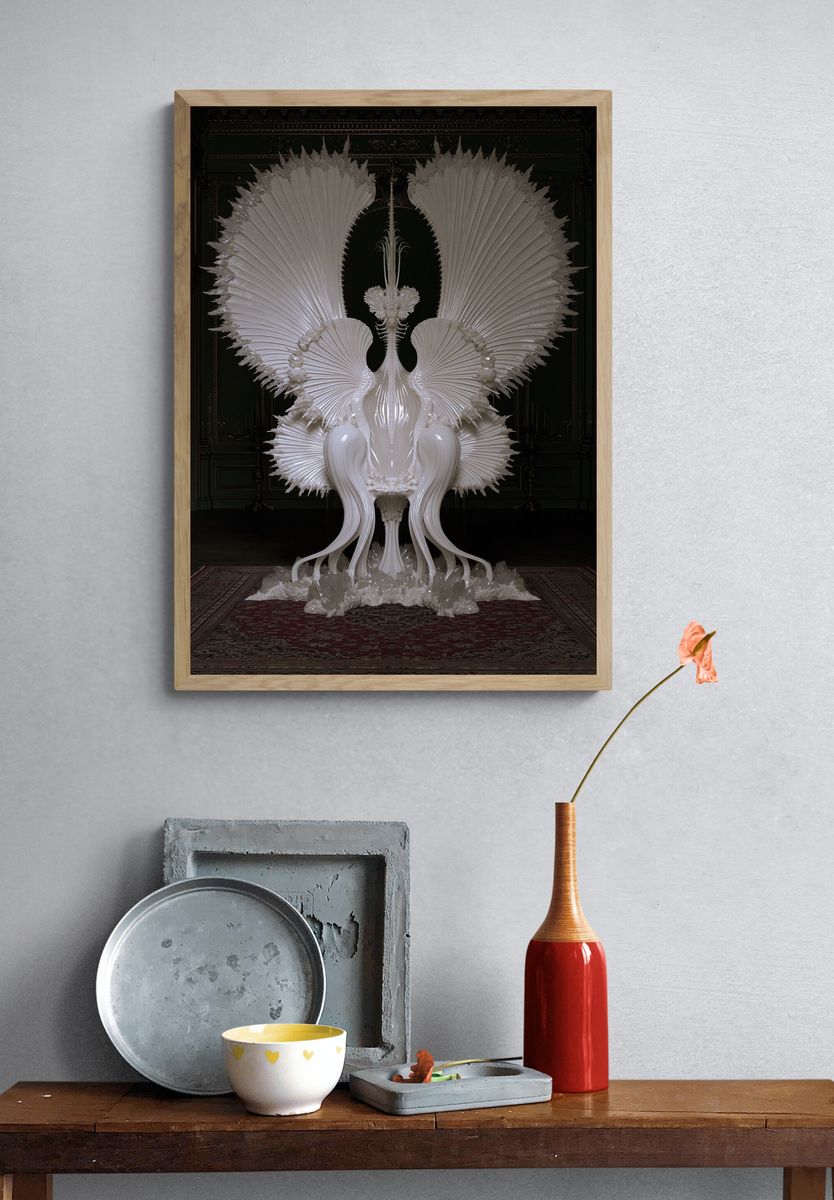 White Sculptural Throne Illustration Poster. — room view 3