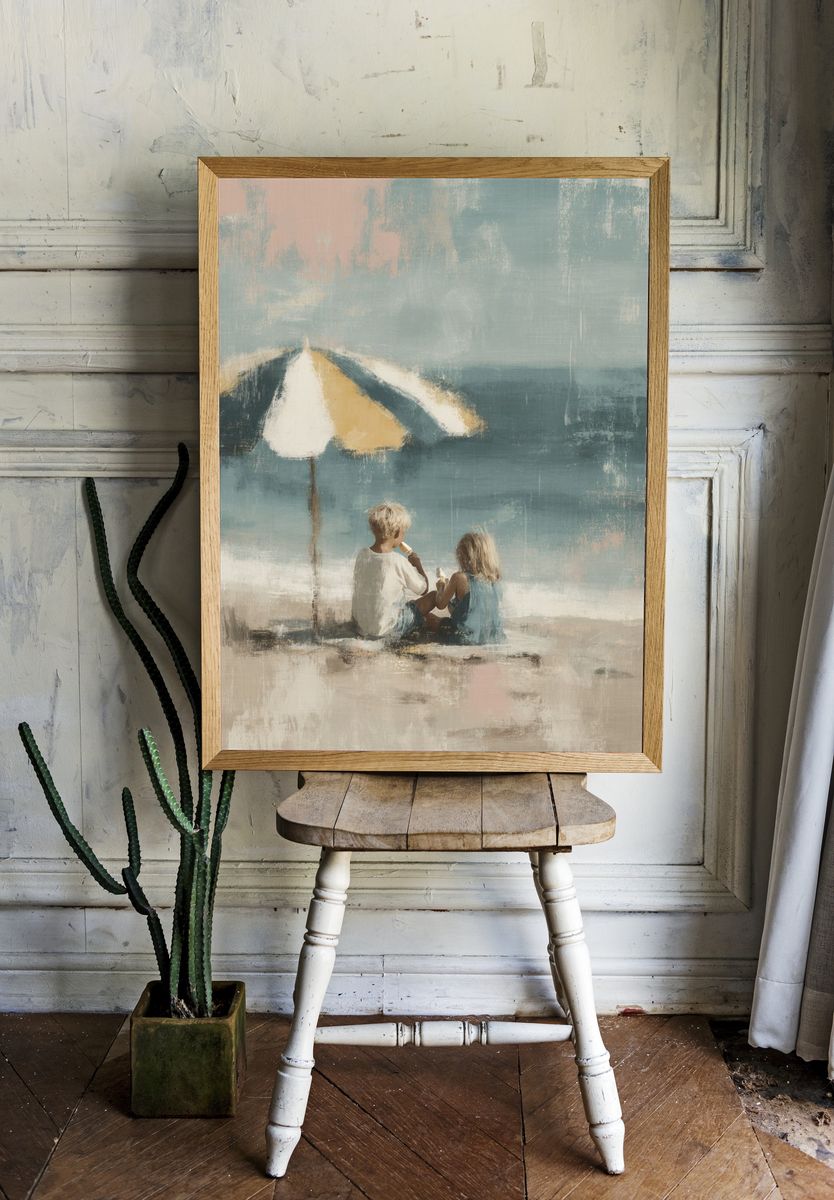 Beach Children Impressionist Poster. room preview